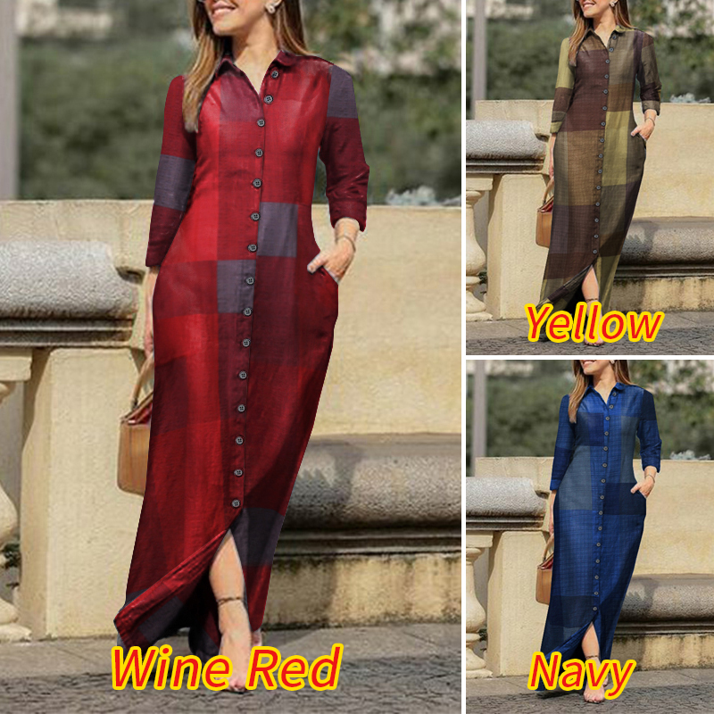 Đầm Dài VONDA Cổ Bẻ Tay Dài Có Khuy Gài Màu Trơn Thông Thường Dành Cho Bạn Nữ | BigBuy360 - bigbuy360.vn