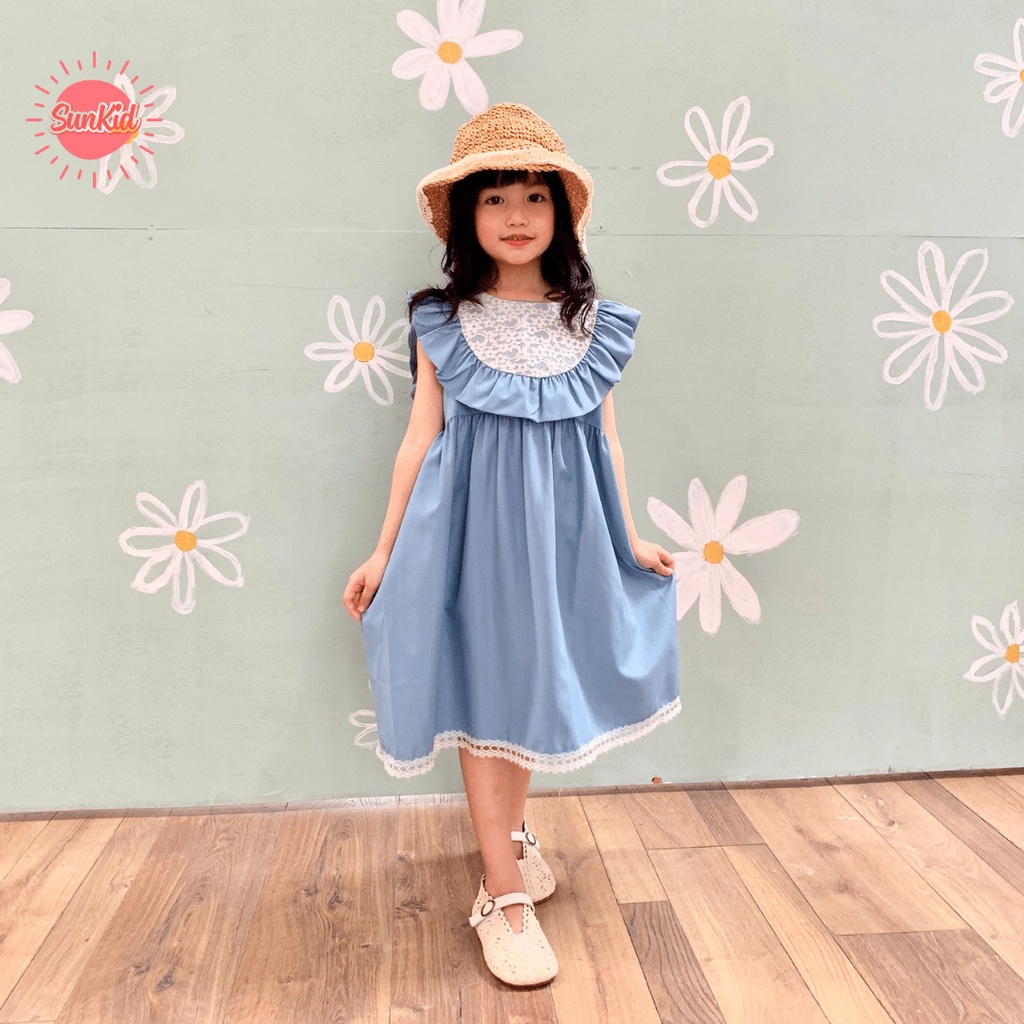 Váy đầm dáng suông cổ viền ren vải trượt chéo cao cấp mùa hè Sunkid SN7 màu xanh, hồng cho bé gái 4-12 tuổi – SunKid >>> top1shop >>> shopee.vn