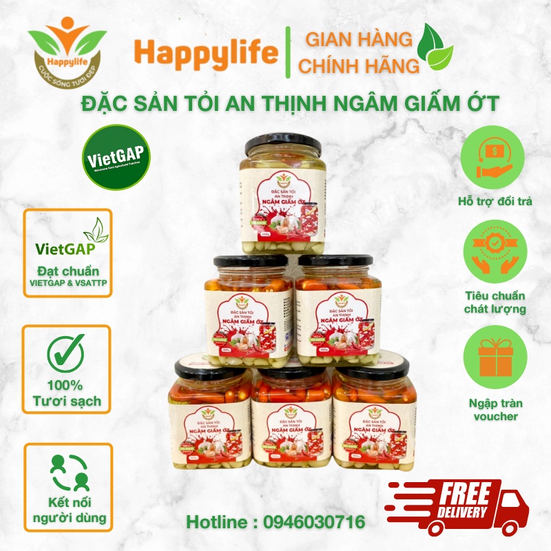 Đặc Sản Tỏi Ngâm Giấm Ớt Happylife hũ 390g - Phòng Cảm Cúm Viêm Họng, Tốt Cho Huyết Áp Tim Mạch, Chống Lão Hoá, Đẹp Da