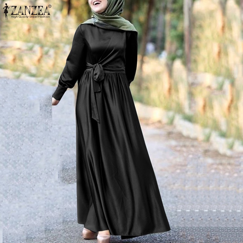 Zanzea Đầm Dài Vải Satin Màu Trơn Cổ Tròn Phối Nút Và Dây Kéo Sau Lưng Cho Phụ Nữ Hồi Giáo