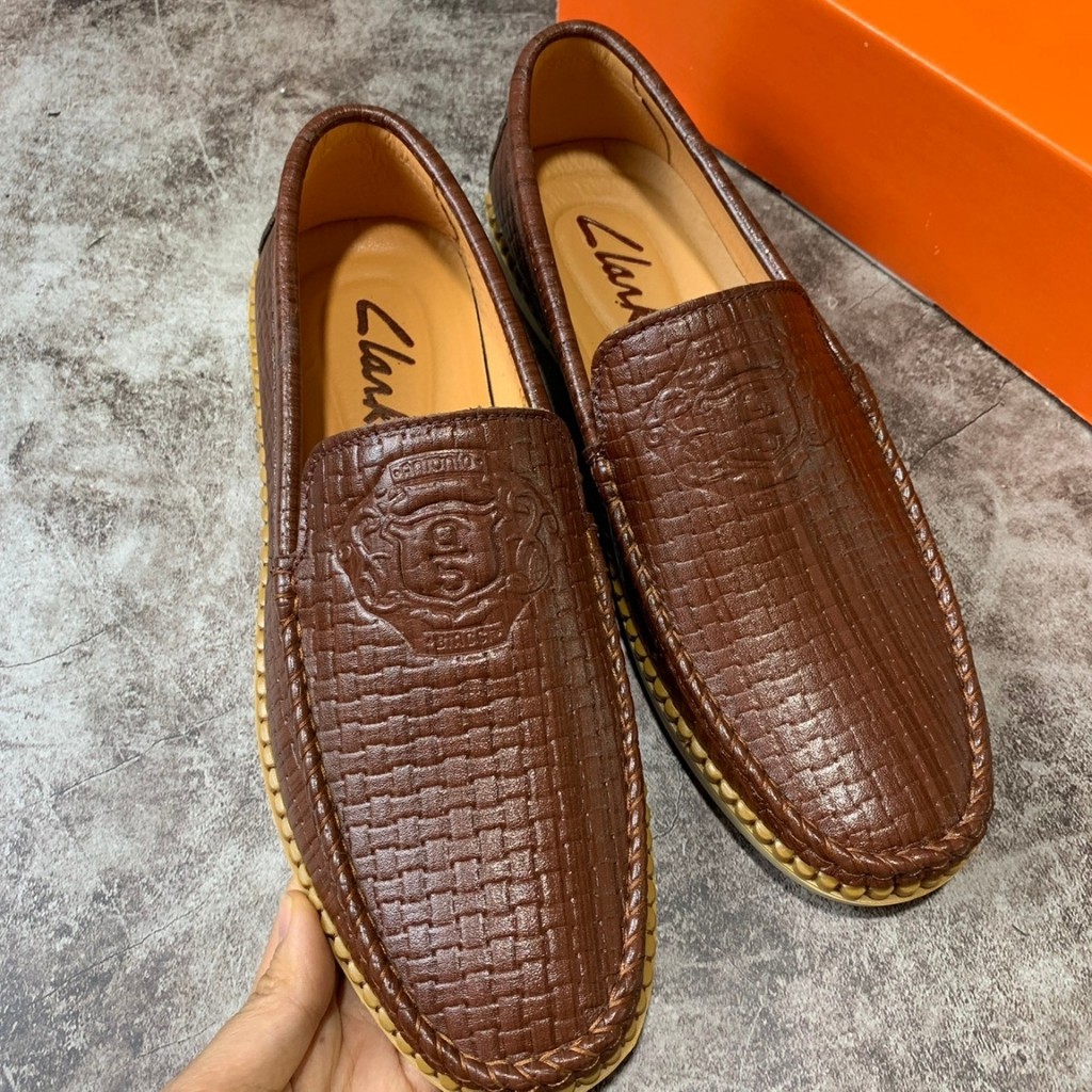 Giày Nam - Giày Lười Nam Da Bò Nguyên Tấm 100% Màu Nâu Kẻ Đan Phong Cách Trẻ Trung Đế Cao Su | BigBuy360 - bigbuy360.vn