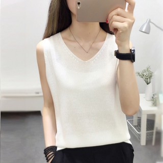 Áo len sát nách cổ chữ V dáng rộng màu trơn phong cách Hàn Quốc