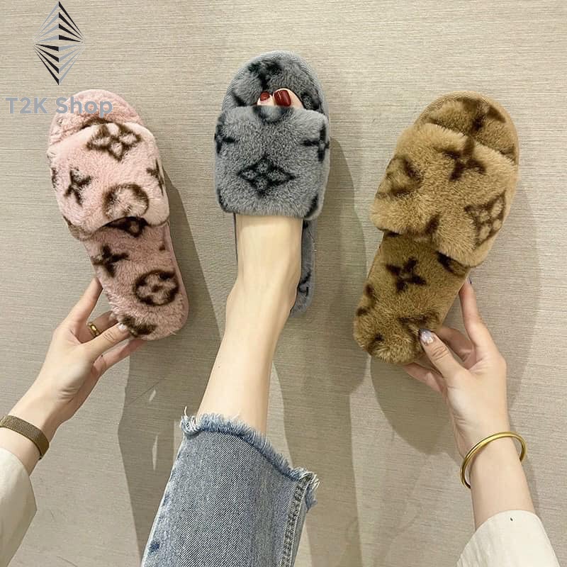 Dép lông nữ LV quai ngang lông thỏ êm chân giữ ấm đi trong nhà thời trang - T2K Shop