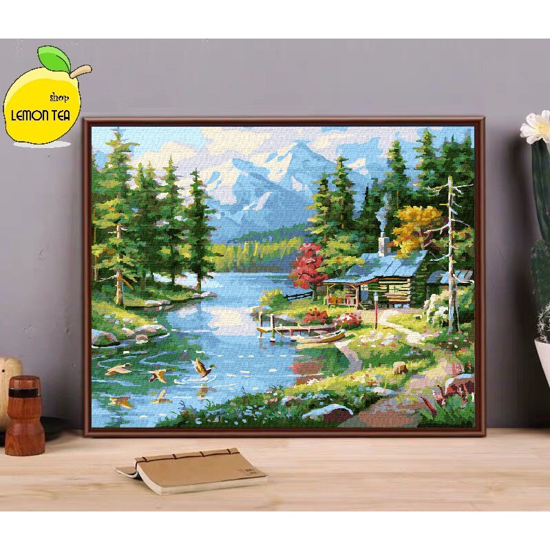 TRANH TÔ MÀU SỐ HÓA chất lượngLEMON TEA SHOP PHONG CẢNH Bắc Âu Rừng Thông xanh KHỔ 40X50- Tranh chi tiết, màu tươi đẹp