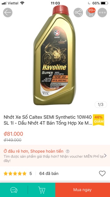 Nhớt xe số Caltex semi-synthetic 10w-40 1L / dầu nhớt xe yamaha