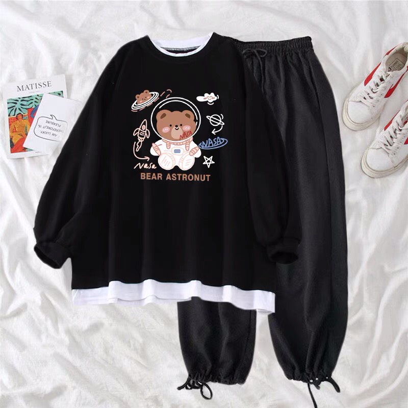 SÉT ÁO SWEATER GẤU HÀNH TINH BEAR NỈ COTON IN 5D SIÊU NÉT PHỐI GẤU TRẮNG KÈM QUẦN KẺ DÂY RÚT
