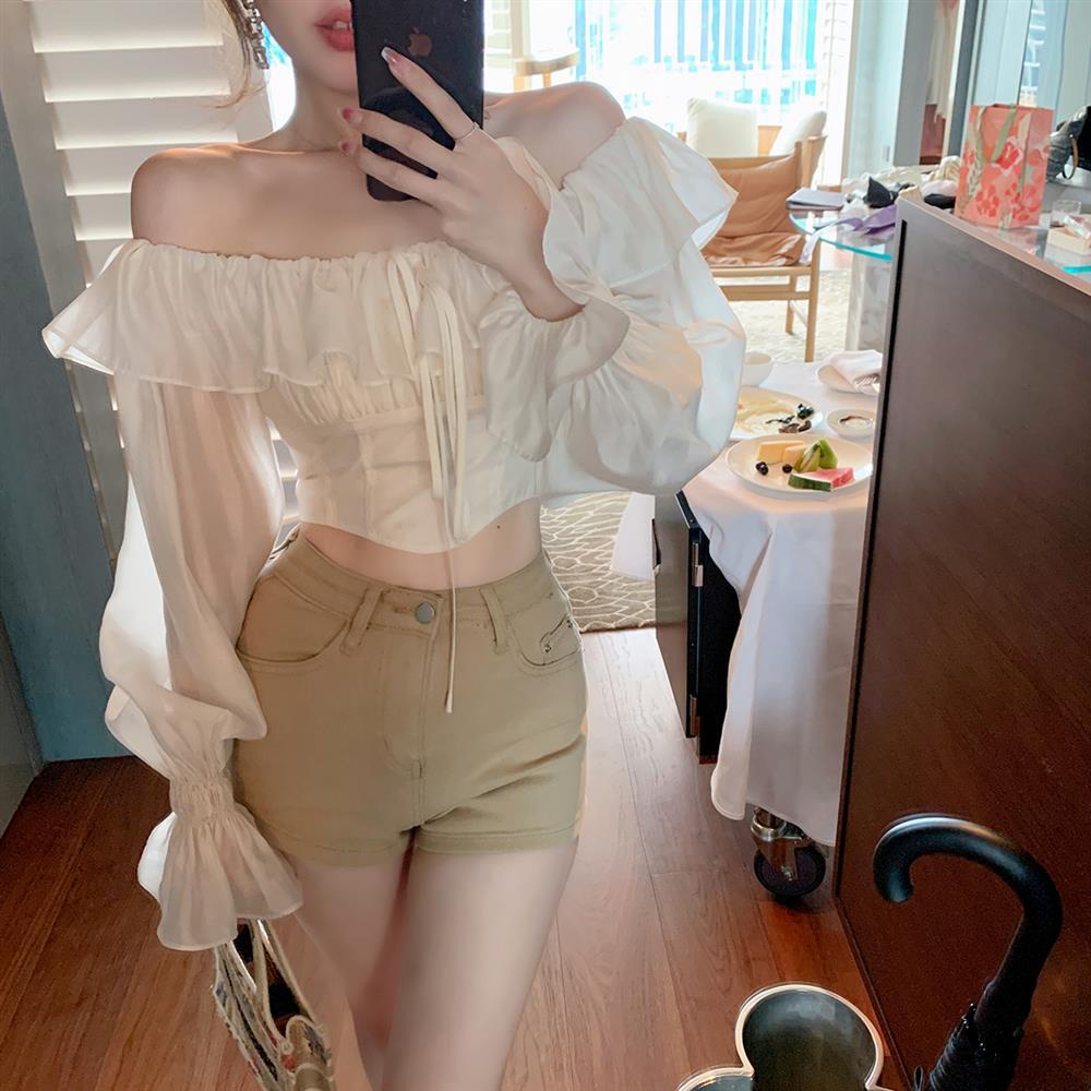 Áo Kiểu Vải Voan Tay Phồng Cổ Bèo Màu Trắng Thời Trang Mùa Hè Xinh Xắn Cho Nữ