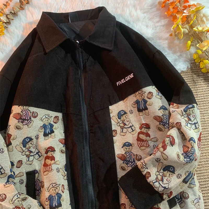 Áo khoác bóng chày cổ bẻ dáng rộng in hình gấu kiểu retro thời trang xuân thu cho nam