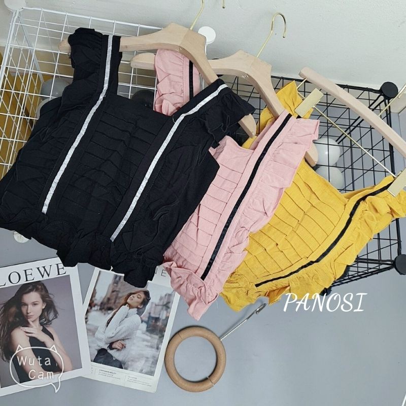 Áo kiểu nữ sát nách họa tiết xếp ly cánh tiên chất đũi mền mát PANOSI - Mã A619