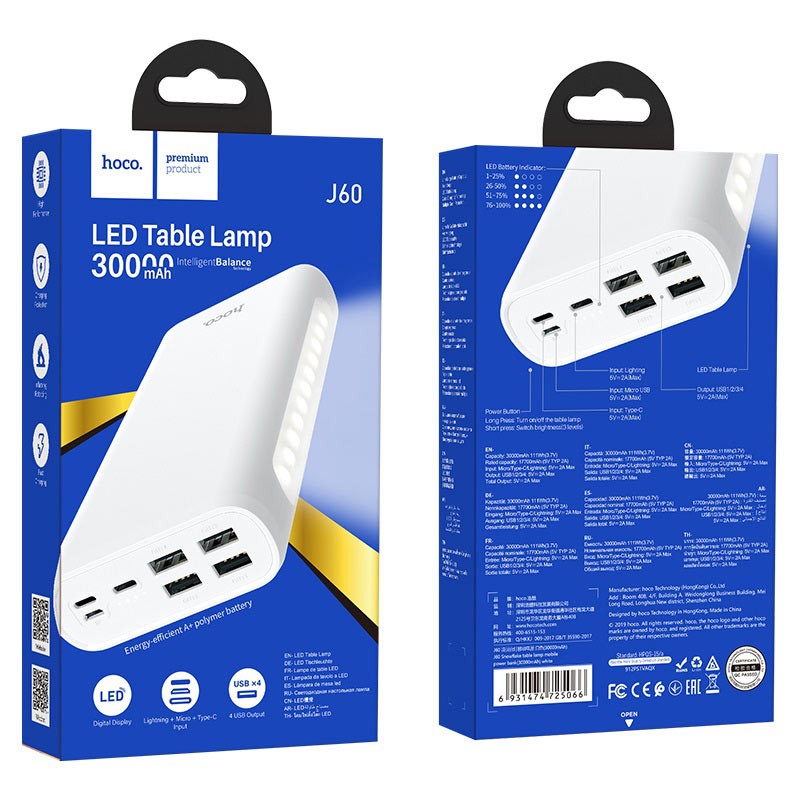 [Mã ELTECHZONE giảm 5% đơn 500K] Pin sạc dự phòng Hoco J60 30000mah 4 cổng USB 2.0A có đèn led