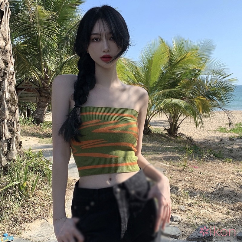 Áo Croptop Dệt Kim Hoạ Tiết Kẻ Sọc Thiết Kế Quyến Rũ