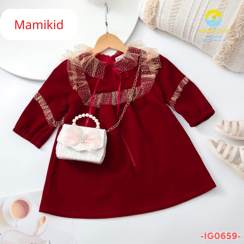 Váy Dự Tiệc Diện Tết, Váy Đỏ Xinh Cho Bé Thu Đông Chất Liệu Nhung siêu đẹp, tôn dáng Shop Mamikid