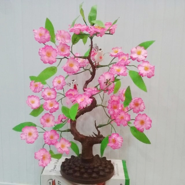 Chậu hoa mai giả hoa anh đào giả có chim trang trí Tết siêu đẹp hoa mai vàng giả nhưng đẹp