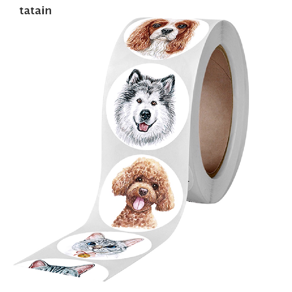 Cuộn sticker dán 500 miếng in hình chó mèo dành cho văn phòng phẩm