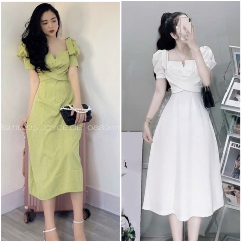 Đầm midi xanh bơ cổ vuông tay phồng chéo ngực dây vai