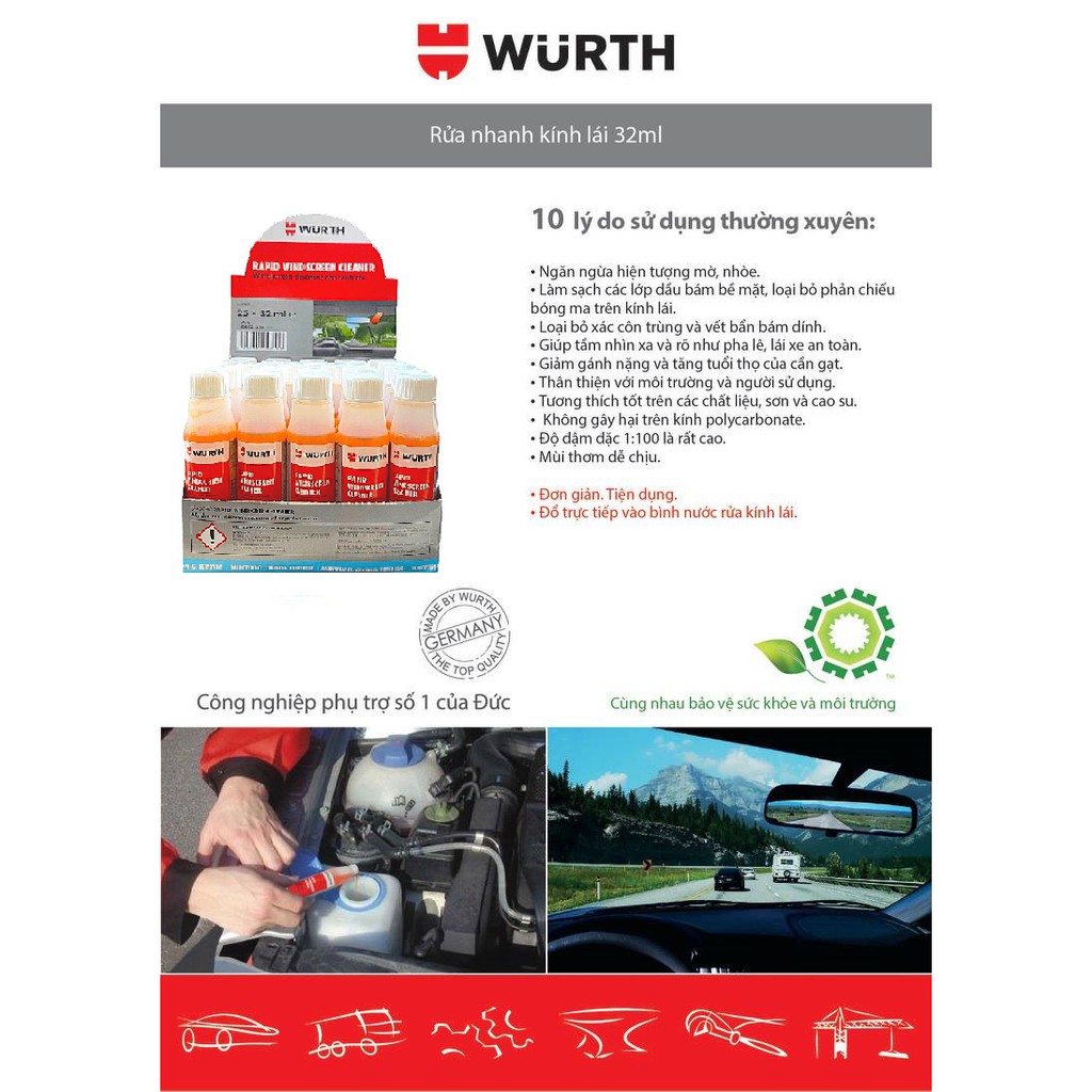 Dung dịch rửa kính lái ô tô chống mờ sương Wurth 32ml