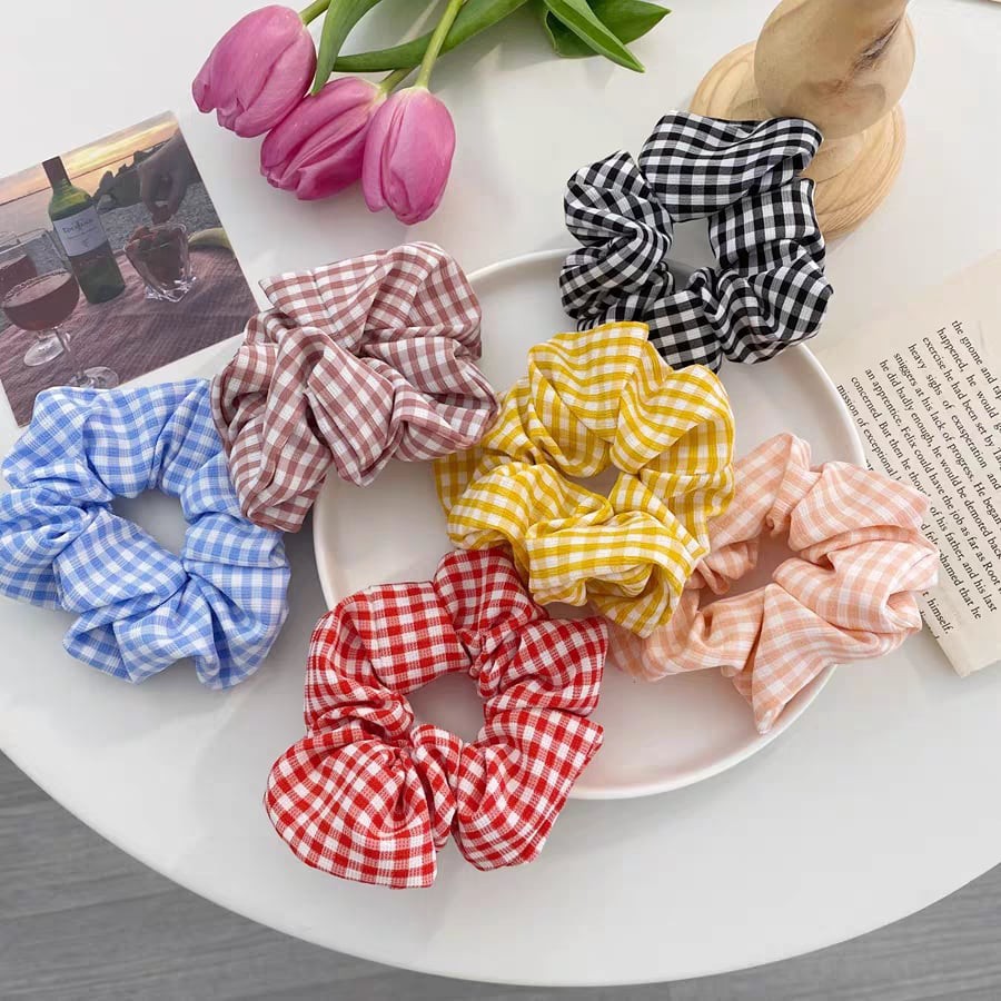 DÂY CỘT TÓC VẢI CARO SCRUNCHIES PHONG CÁCH VINTAGE 2021