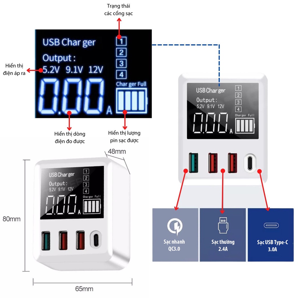 Bộ Sạc Nhanh Thông Minh Nhiều Cổng Hỗ Trợ Cổng Sạc Type C A9T