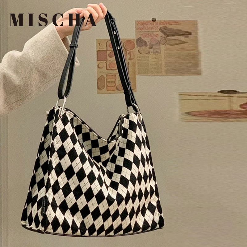MISCHA Túi Xách Đeo Vai Kích Cỡ Lớn Họa Tiết Sọc Caro Trắng Đen Thời Trang Xu Hướng 2022 Cho Nữ