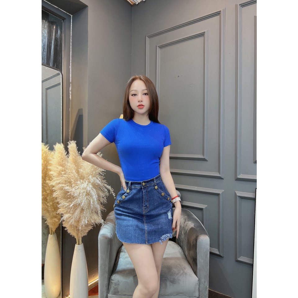 Áo thun croptop nữ CRAZYTEEN cổ tròn tay con AT0220