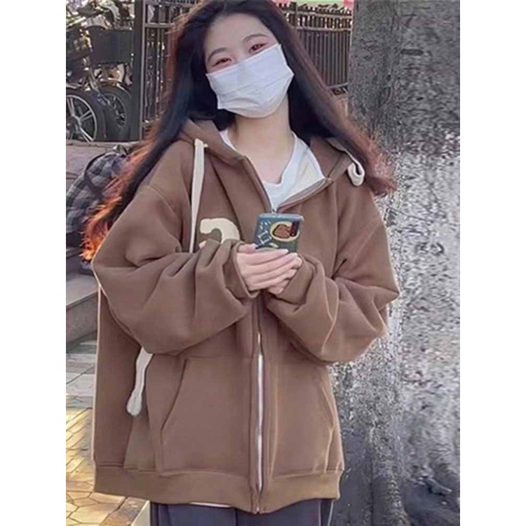 Áo khoác hoodie zip nữ form rộng màu be, màu nâu 2022