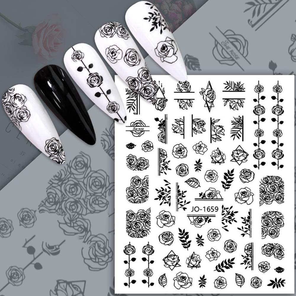 Miếng Dán Trang Trí Móng Tay 3D Họa Tiết Hoa Trắng Đen Thời Trang