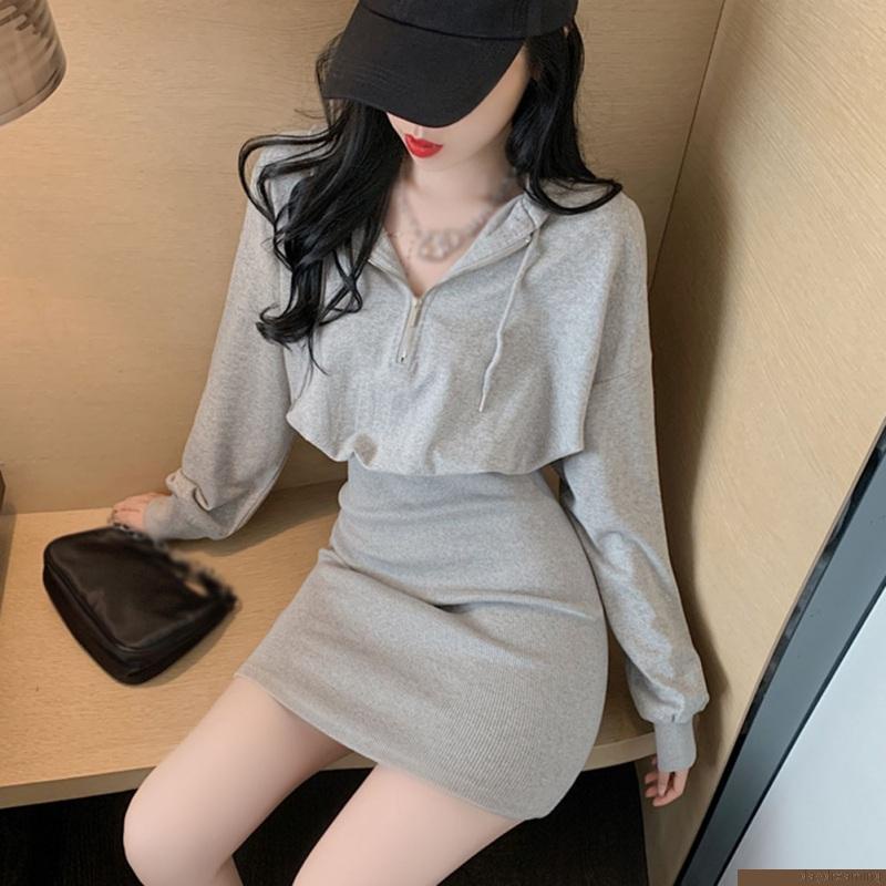 Đầm hoodie tay dài màu trơn phong cách Hàn Quốc thời trang độc đáo dành cho nữ