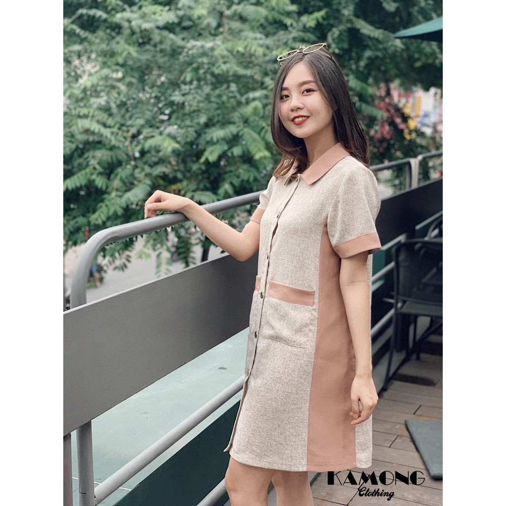 Đầm suông sơ mi cổ sen KAMONG