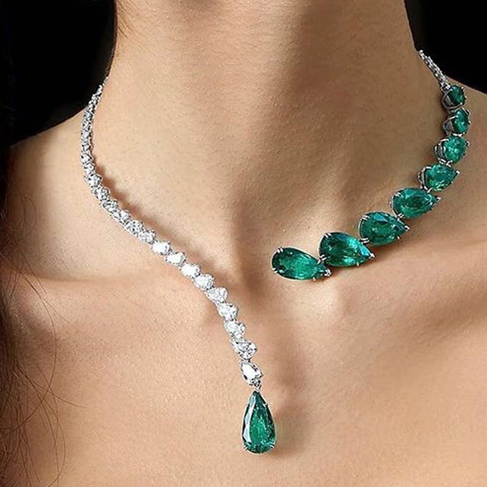 Dây Chuyền Đính Ngọc Lục Bảo Hình Giọt Nước Sang Trọng Phong Cách Âu Mỹ