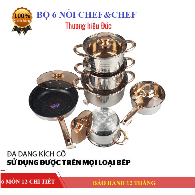 BỘ NỒI INOX 5 ĐÁY 6 MÓN VUNG KÍNH CHEF & CHEF DÙNG ĐƯỢC BẾP TỪ