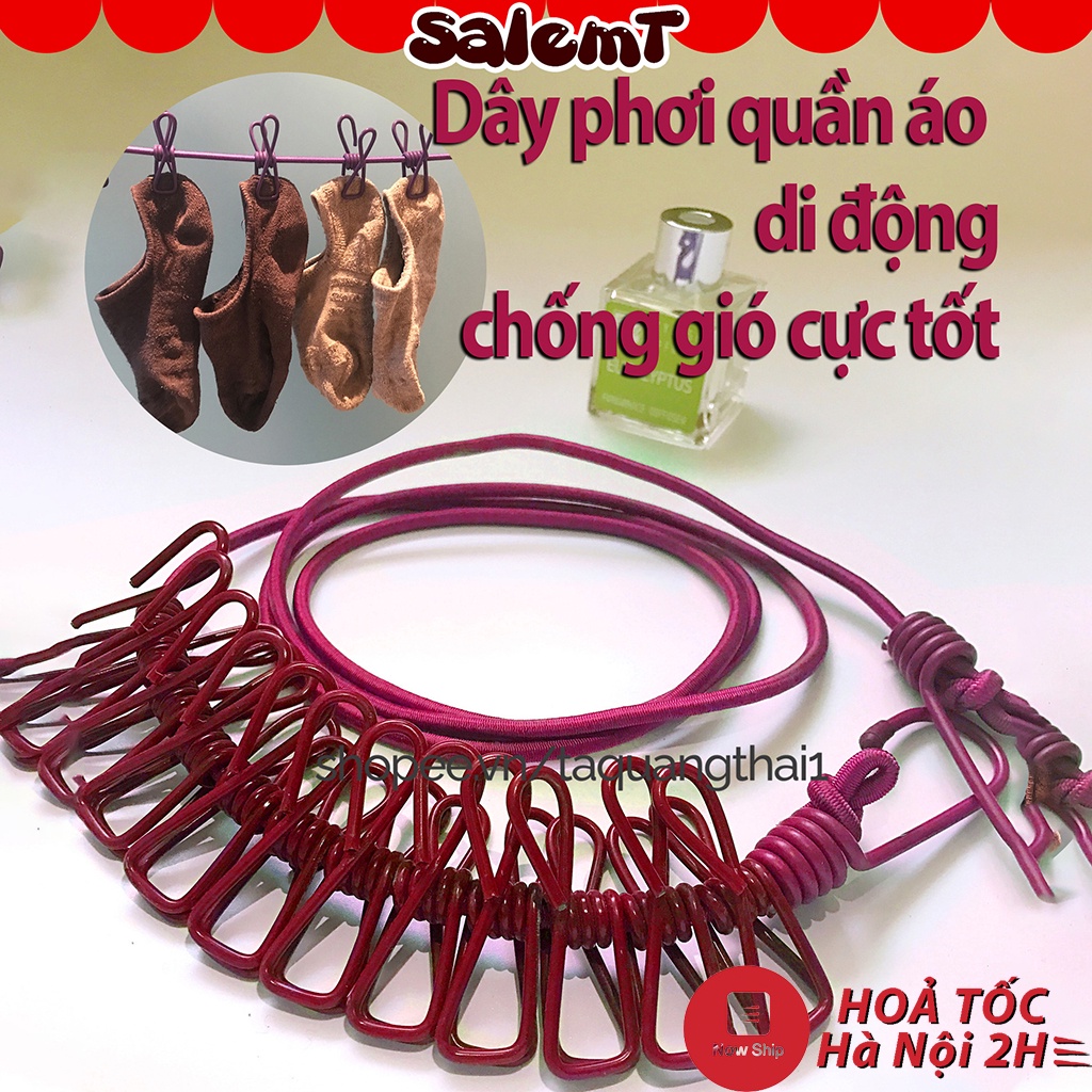 Dây Phơi Quần Áo Di Động Có Sẵn Móc Thép Chống Gió Cực Tốt, Dây Dài 2m Phù Hợp Với Mọi Địa Hình