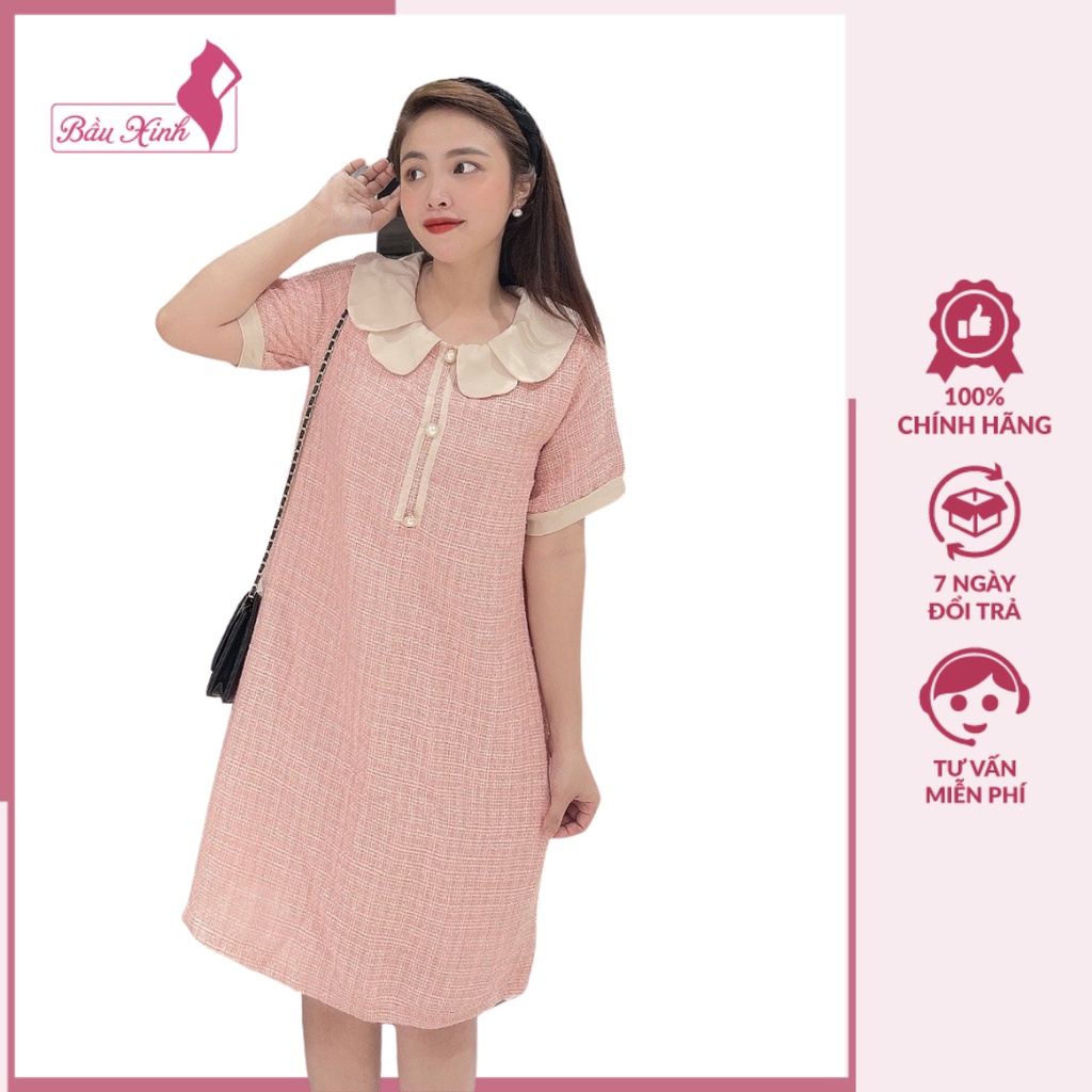 Váy bầu thiết kế cộc tay cổ bèo hoa chất dạ màu hồng độc lạ cao cấp có size HĐ20