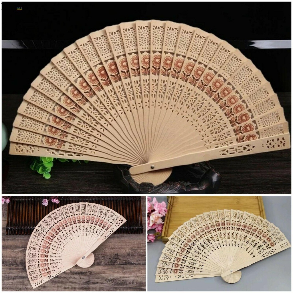 Quạt xếp cầm tay bằng gỗ tre in họa tiết hoa mới
