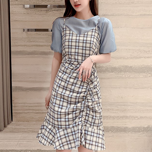 Set Áo Thun Ngắn Tay Và Đầm Yếm Sọc Ca Rô Thời Trang Đáng Yêu Cho Nữ | BigBuy360 - bigbuy360.vn