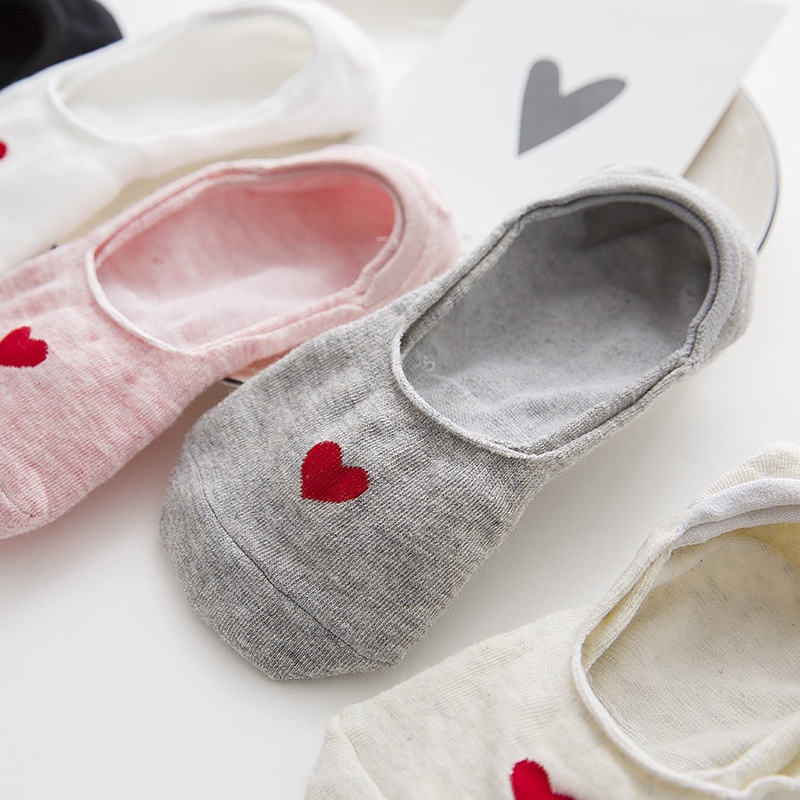 Vớ Lười Nữ Cute, Vớ Nữ mang giày lười họa tiết trái tim, Cotton dày dặn, có đệm cao su chống trượt gót
