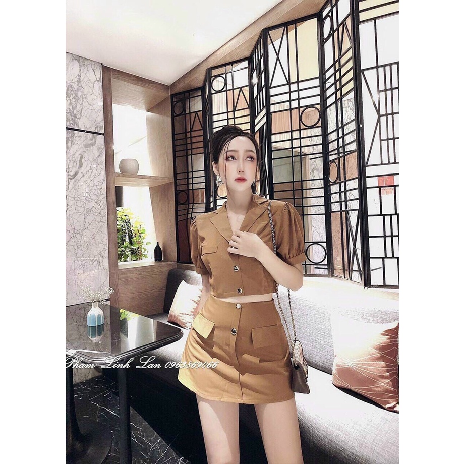 Set váy nút nâu thiết kế, set áo cổ vest tay búp croptop mix chân váy nắp túi dự tiệc sang trọng
