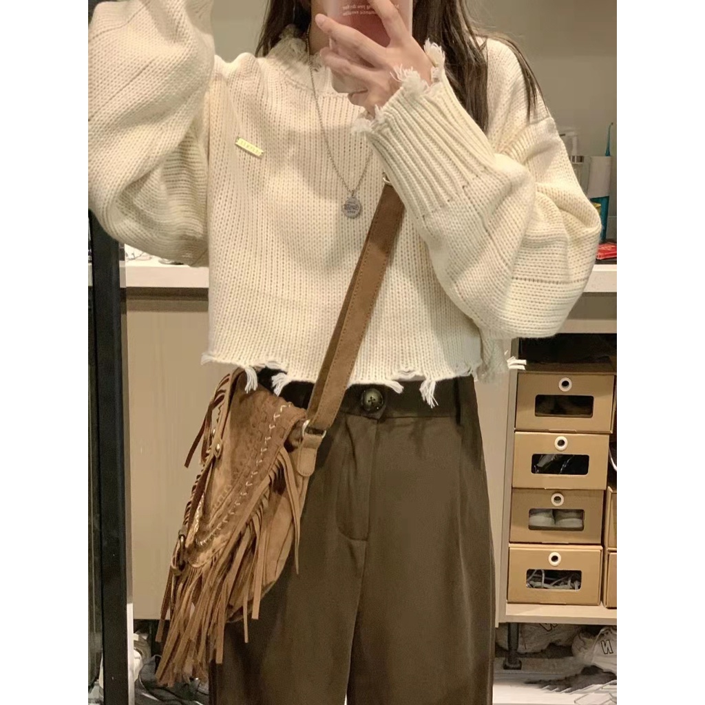 DUNEA Áo Croptop Dệt Kim Tay Dài Kiểu Retro Hàn Quốc Xinh Xắn Cho Nữ