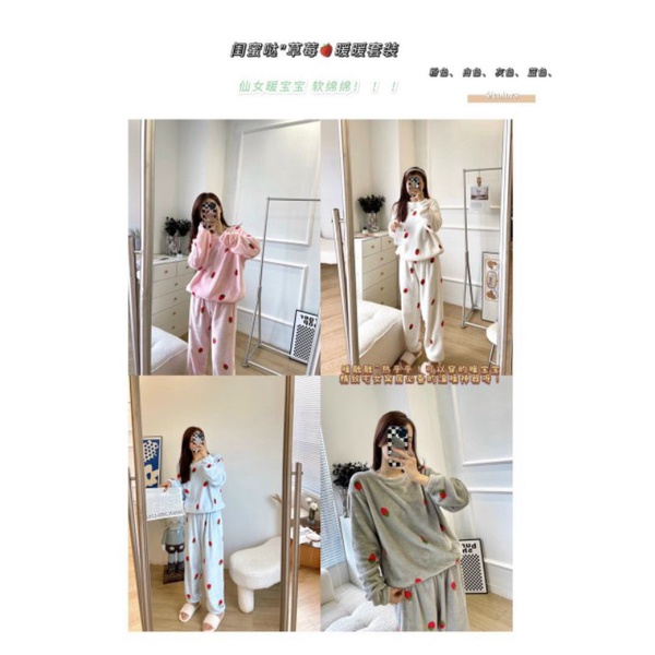 Bộ đồ ngủ lông trơn họa tiết DÂU, Quần bông giữ nhiệt siêu ấm