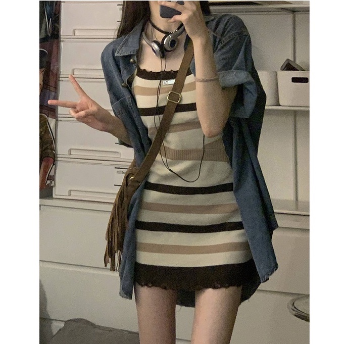 Porozi Áo khoác kaki tay dài/ đầm dáng ôm kẻ sọc  thời trang Hàn Quốc dành cho nữ