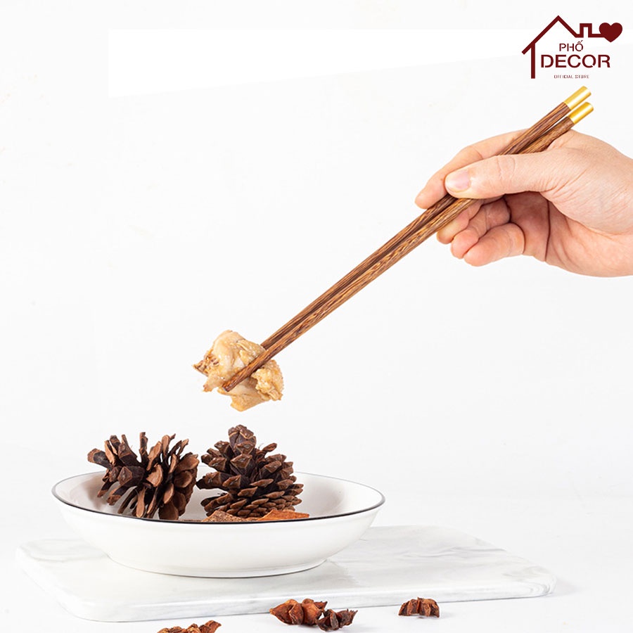 Đũa Thương Hiệu Phố Decor - Đũa Gỗ Cánh Gà Không Chất Bảo Quản Bọc Đầu Kim Loại Cao Cấp