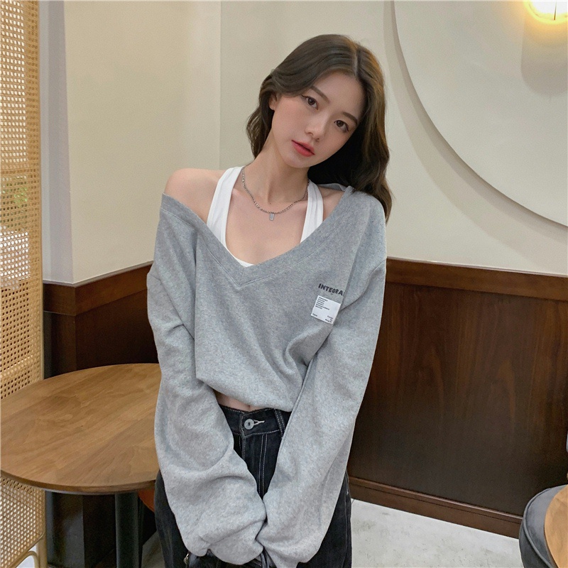 Áo croptop tay dài cổ chữ V có 2 màu tùy chọn phong cách mùa thu Hàn Quốc trẻ trung cho nữ | BigBuy360 - bigbuy360.vn