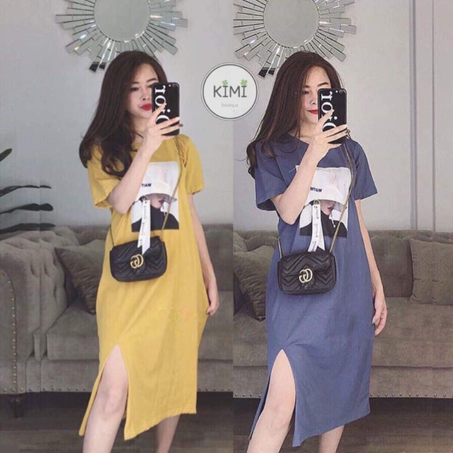 Đầm Dáng Suông Ngắn Tay Phom Rộng In Hình Cô Gái Giữa Ngực