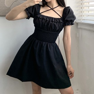 Đầm Nữ Cổ Vuông Màu Đen Phong Cách Retro Pháp