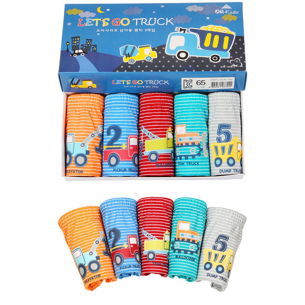 Hộp 5 quần lót bé trai Hàn Quốc 100% cotton mẫu Xe Tải Let's Go Truck