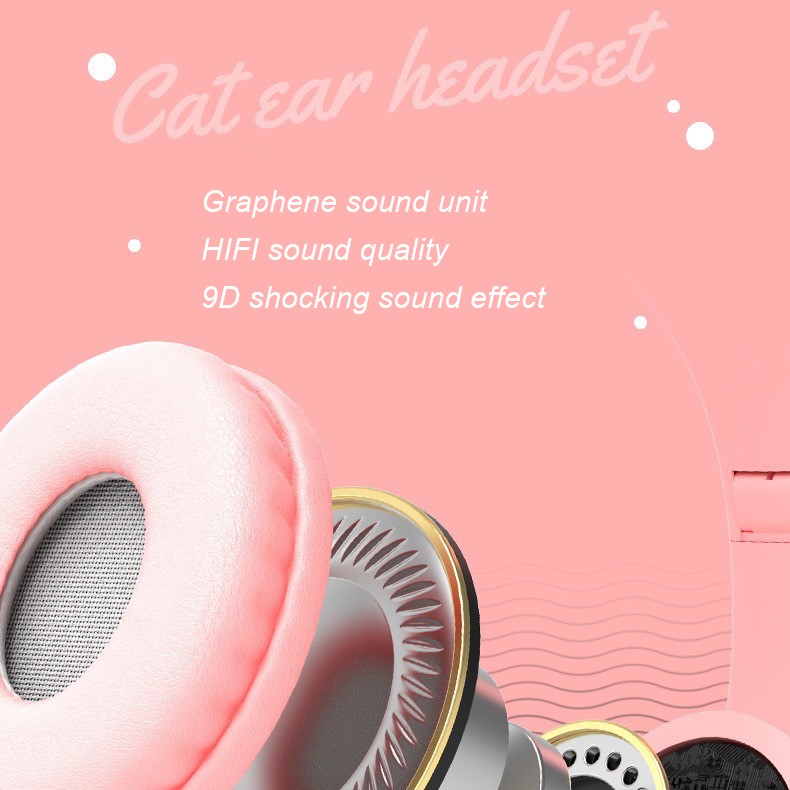 Pulierde P47m Wireless Bluetooth5.0 Headset Cute Cat Ears LED Effect With Mic