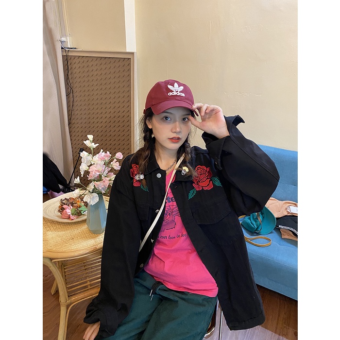 Áo Khoác denim Dáng Rộng Thêu Hoa Hồng Thời Trang Xuân Thu Cho Nữ