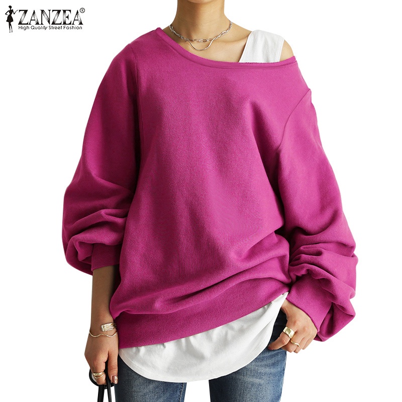 Áo sweatshirt ZANZEA tay dài cổ tròn dáng rộng màu trơn thời trang đường phố cho nữ