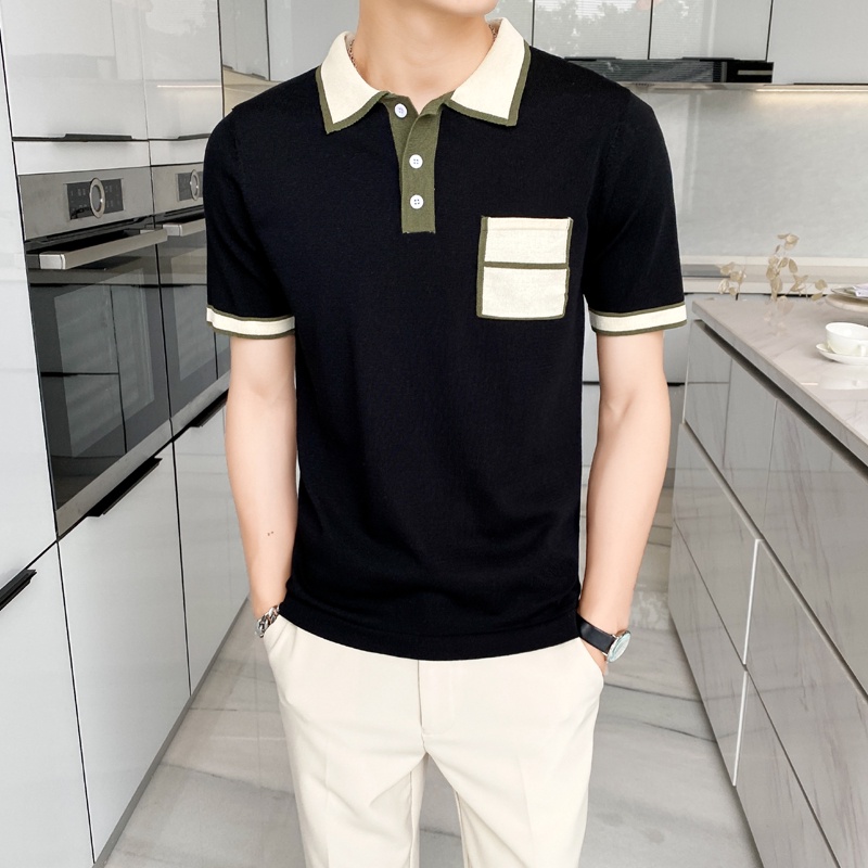 Áo Thun POLO Dệt Kim Tay Ngắn Có Túi Màu Sắc Tương Phản Dành Cho Nam