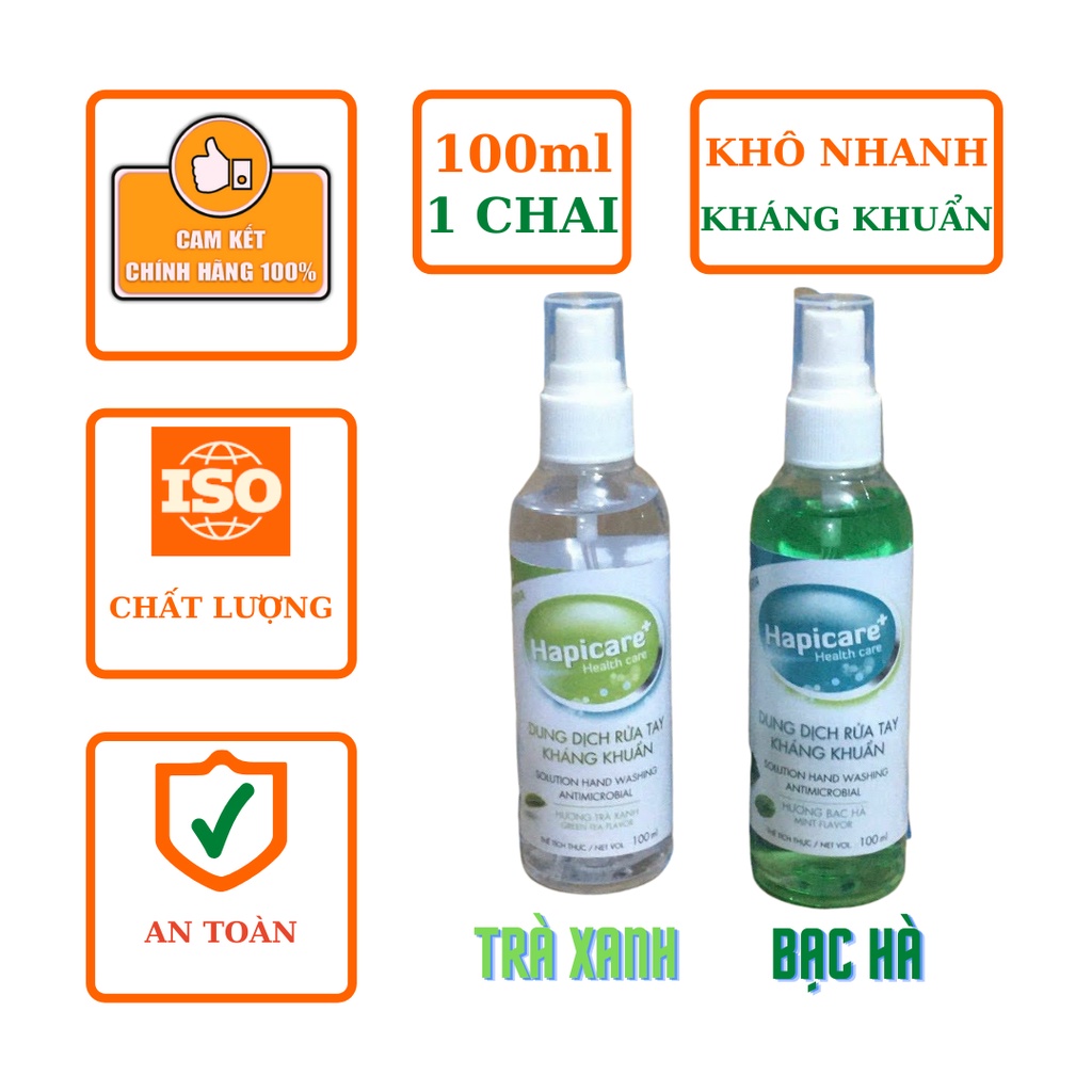 Dung dịch nước rửa tay kháng khuẩn Hapicare chai 100ml xịt khô nhanh