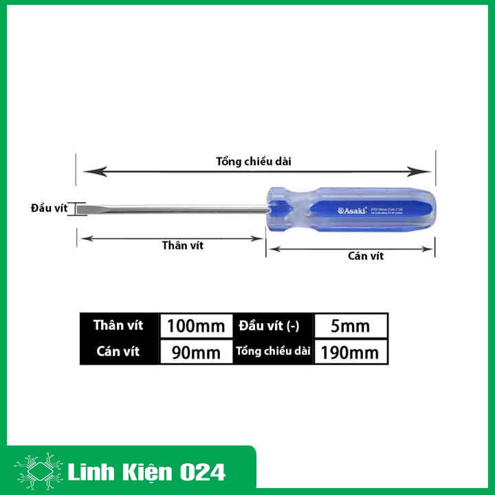 Tô vít 2 cạnh, tua vít Asaki AK-7125, AK-7115 kích thước 5x100mm, 3X100mm